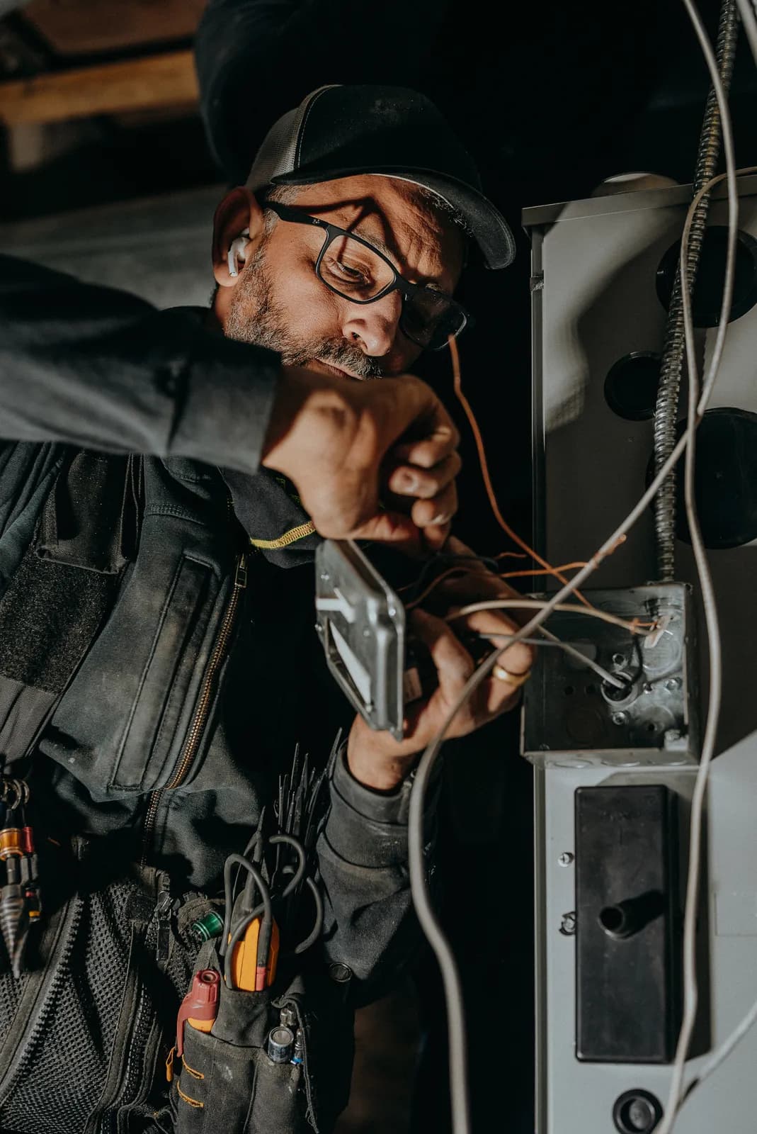 Electrician connecting wiring at a residential electrical box